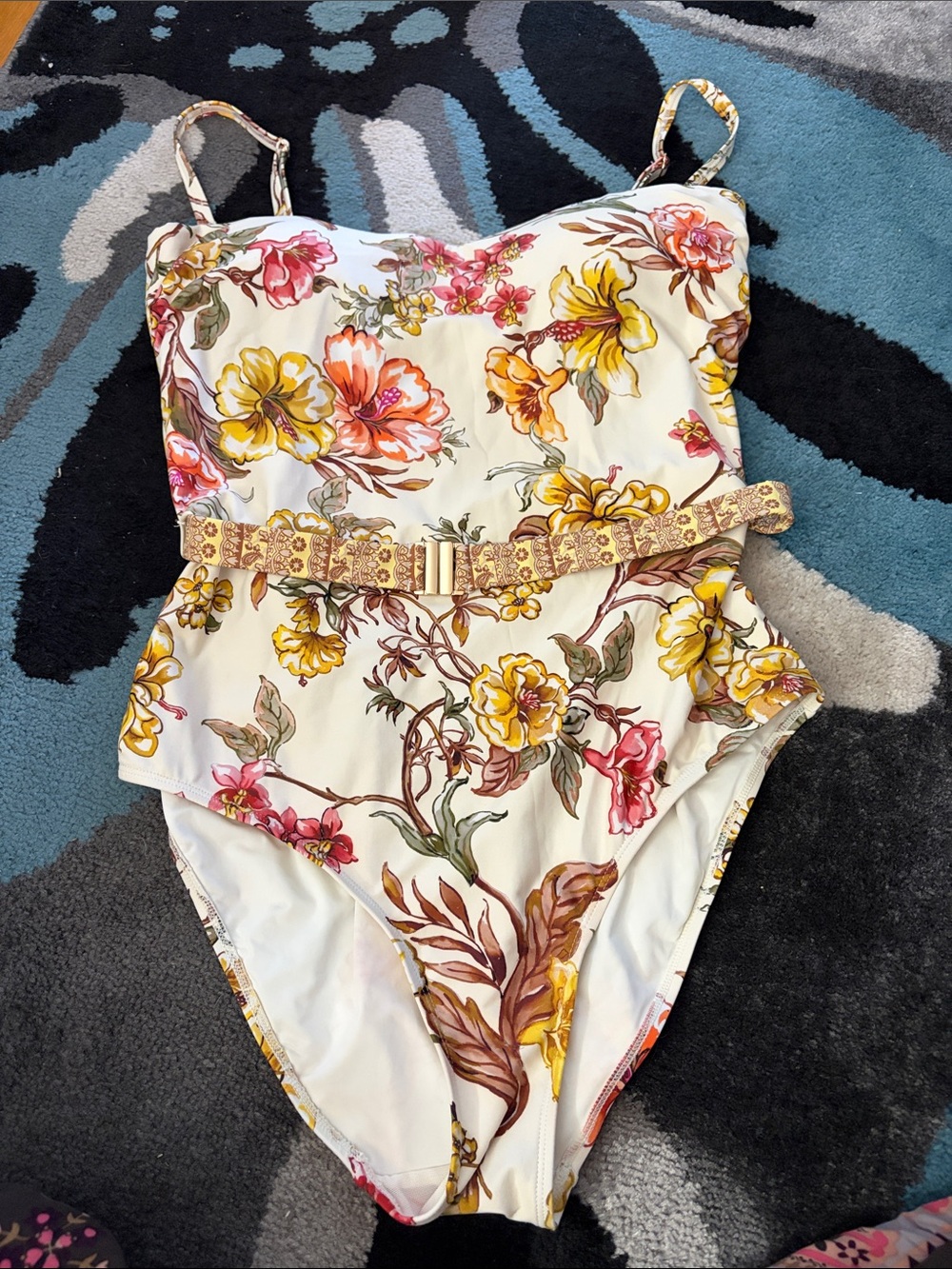 Floral Belted One-Piece Swimsuit in Cream with Yellow & Pink Flowers